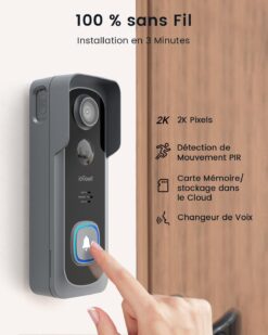 Alternative view of ieGeek Sonnette Vidéo 2K avec Caméra - Sans Fil Extérieur IP66, Détection IA, Audio Bidirectionnel, Vision Nocturne, Compatible Alexa Gris