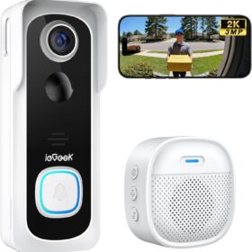 ieGeek Sonnette Vidéo 2K avec Caméra – Sans Fil Extérieur IP66, Détection IA, Audio Bidirectionnel, Vision Nocturne, Compatible Alexa, WiFi 2,4 GHz